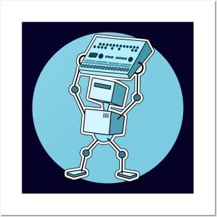 Robot Holding Drum Machine Blue Tint Posters and Art